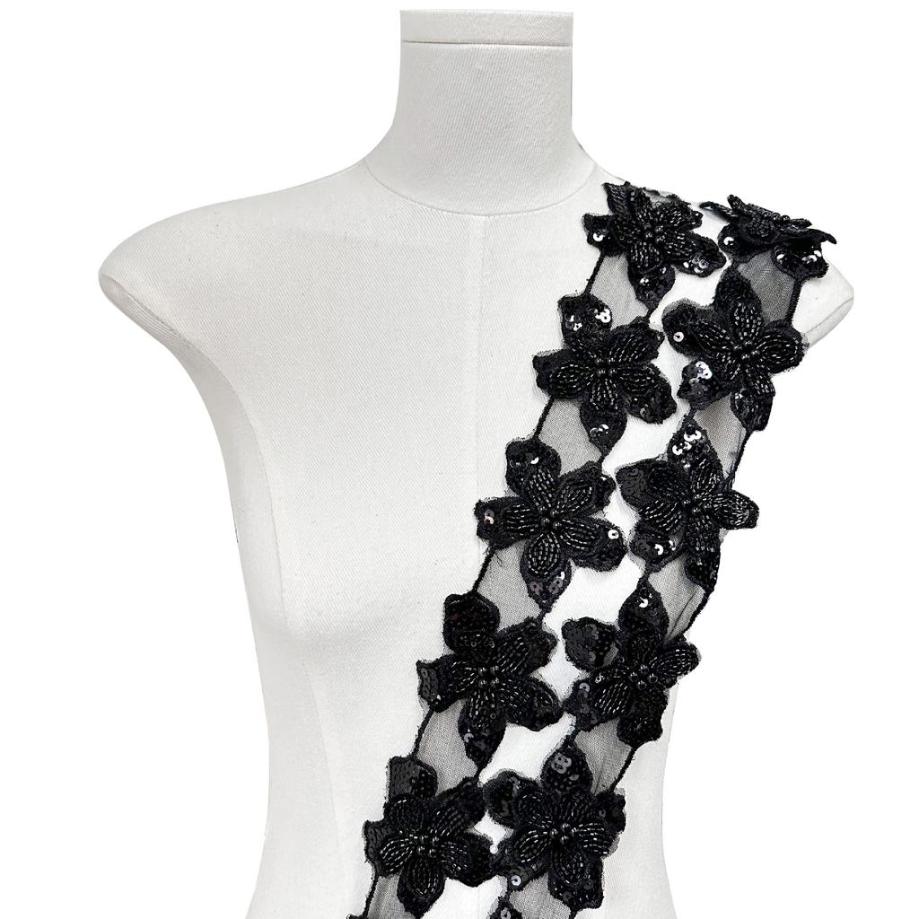 Korean Version Of Light Luxury Black Bead Flower Piece Hair Accessories Dress Children'S Clothing Mesh Embroidery Lace Accessories