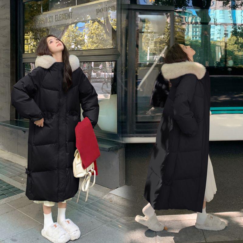 Women's Knee-Length Down Jacket with Large Fur Collar - Loose, Thick, Winter Coat 2026