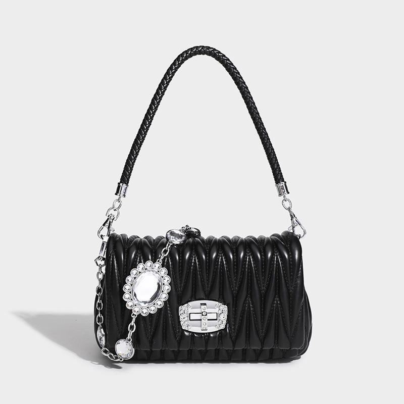 Leather Armpit Bag, New Korean Style Fashionable Crossbody Women's Bag, High-end Rhinestone Small Square Bag, Chain Bag, Pleated Bag
