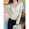 Button high-end sense deep collar collarbone pure desire slim-fitting long-sleeved bottoming shirt women's autumn and winter stacked sweater inside