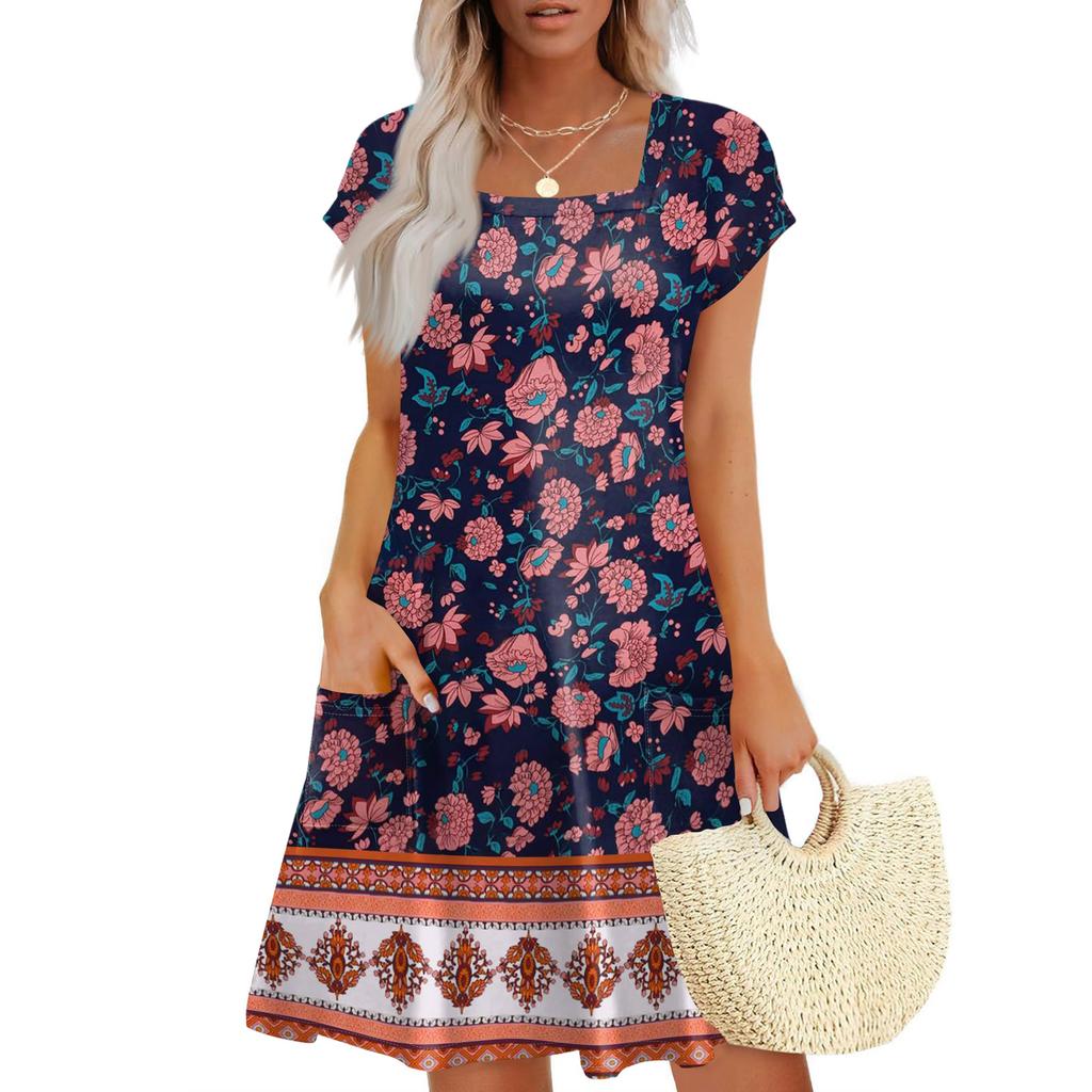 Summer Dresses For Women Loose Square Neck Cap Sleeve Casual Beach Vacation Tshirt Dress Sundresses With Pockets