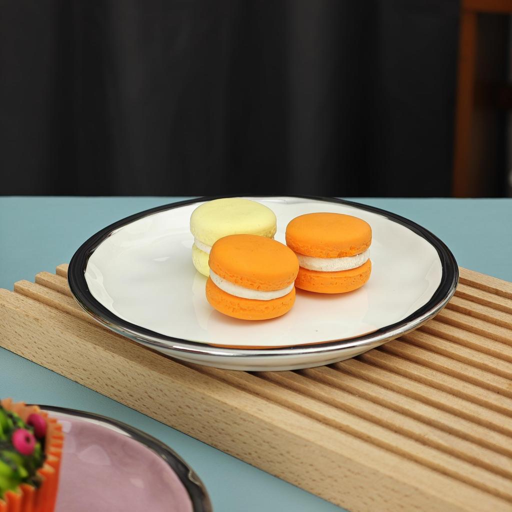 Nishida Stylish Round Set of Pastel Dishwasher and Microwave Cake Medium Plate with Gold Plates, 3, 15cm, Ceramic, Colors, Safe, Plate, (White Rim)