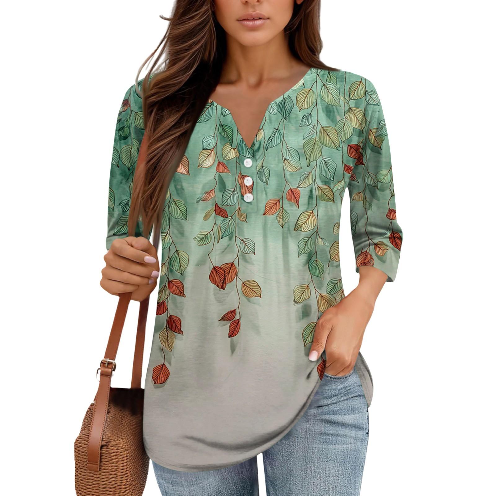 

Женские топы с рукавом 3/4, с принтом, винтажные, модные, повседневные, свободные, с V-образным вырезом, больших размеров, рубашки, топы XXL зелёный