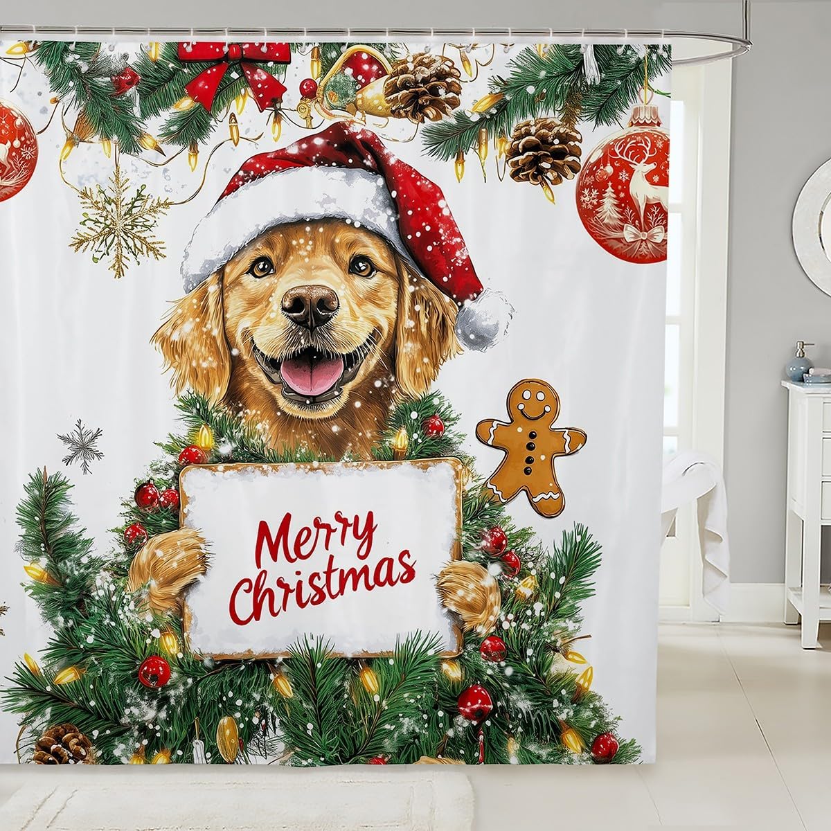 

Kids Merry Christmas Dog Shower Curtain,Christmas Cute Animals Fabric Shower Curtain,Pets Dog Christmas Bathroom Waterproof W60H190(CM)-1 Pcs