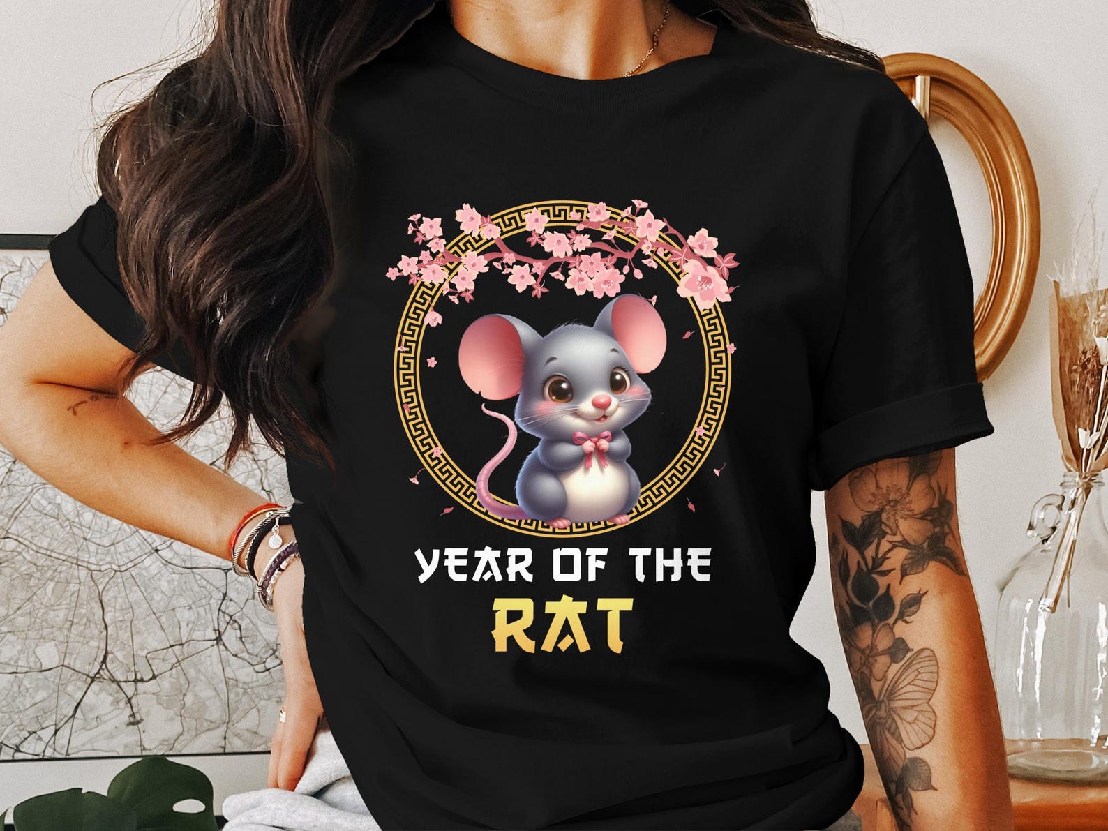 Cute Chinese Zodiac Rat Cherry Blossom T Shirt, Lunar New Year Rat Design, Rat Asian New Year, Chinese New Year Shirt 2XL