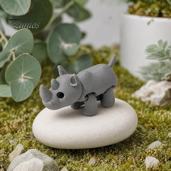 Movable Rhino Figurine 3D Printed Knitted Rhinoceros Figurine, Mini Fidget Toy with Desktop Accessory Joints, Wild Animal Collectible Figure for Desk