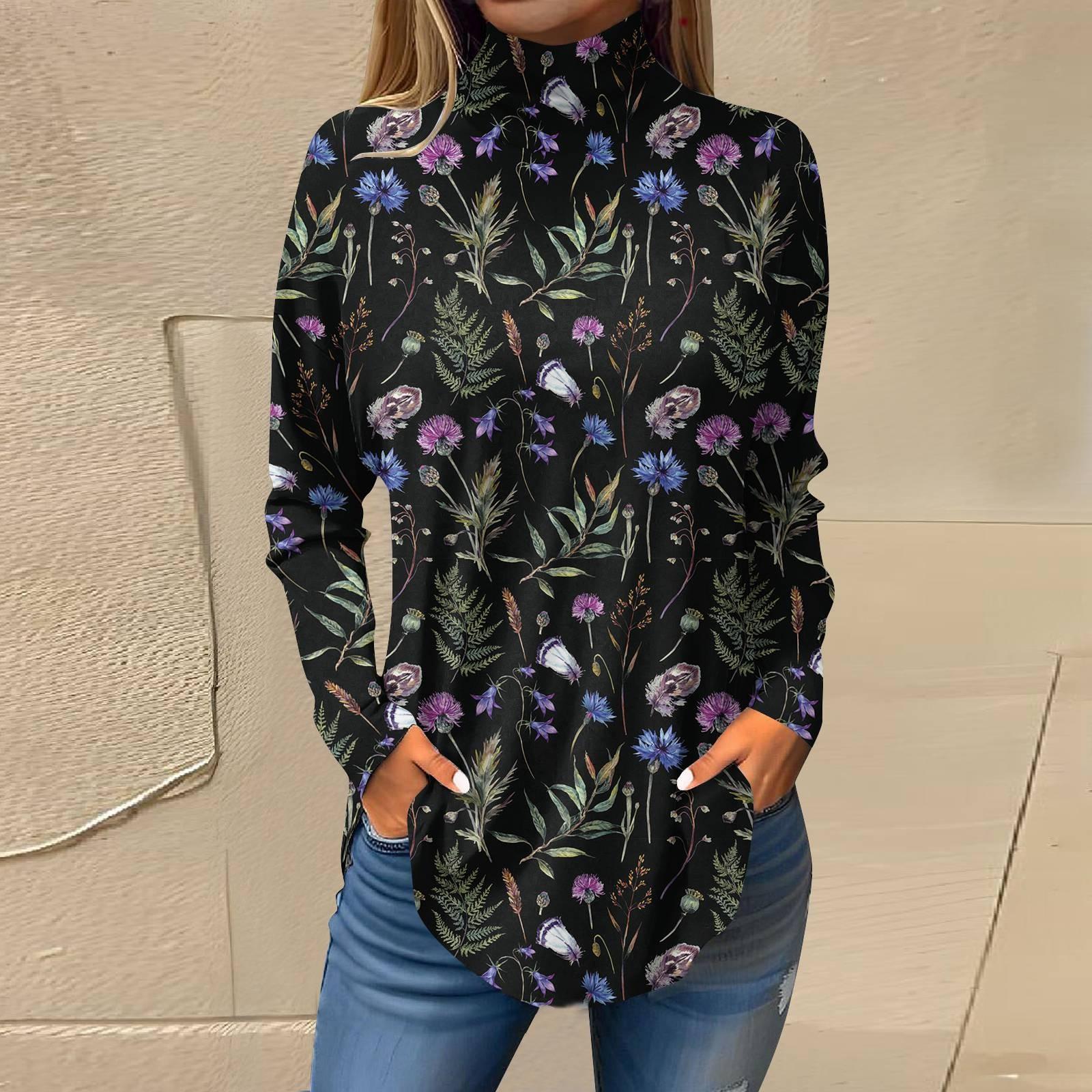 

Женская свободная футболка с высоким воротом и длинными рукавами с цветочным принтом в стиле ретро, топ-пуловер S тёмно-синий