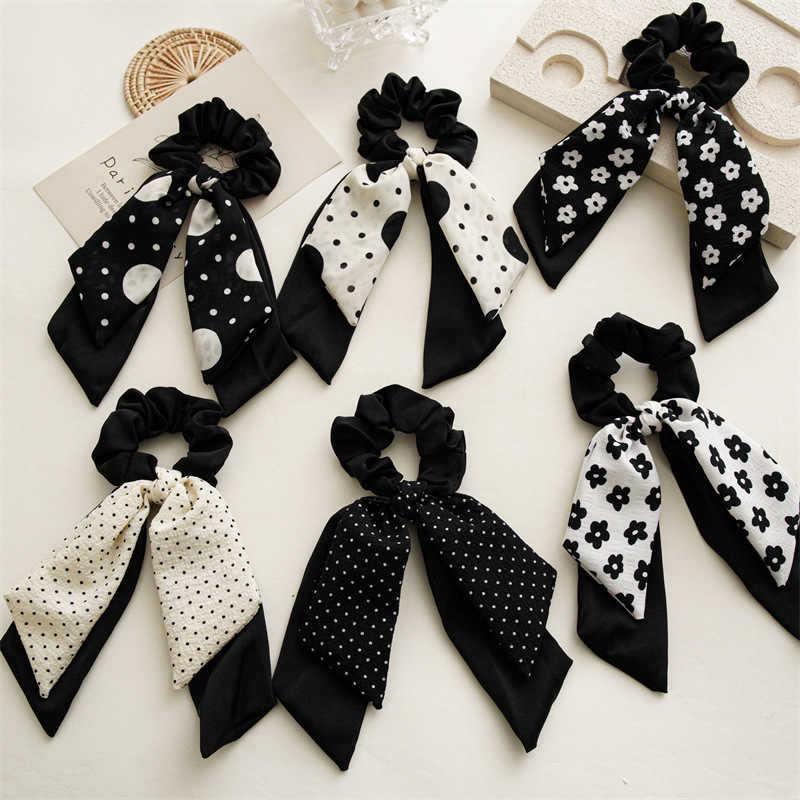 Korean-Style Polka Dot Double Layer Ribbon Bow Scrunchie Hair Tie for Women