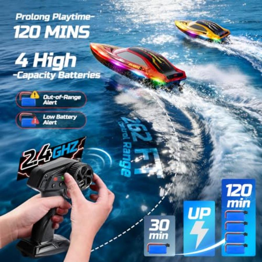 RC Boats for:ABS Plastic, Blue/Red, 2.4GHz Racing Control, 120 Min Runtime, Capsize Recovery, 7 LED Lights, Pool Lake Use