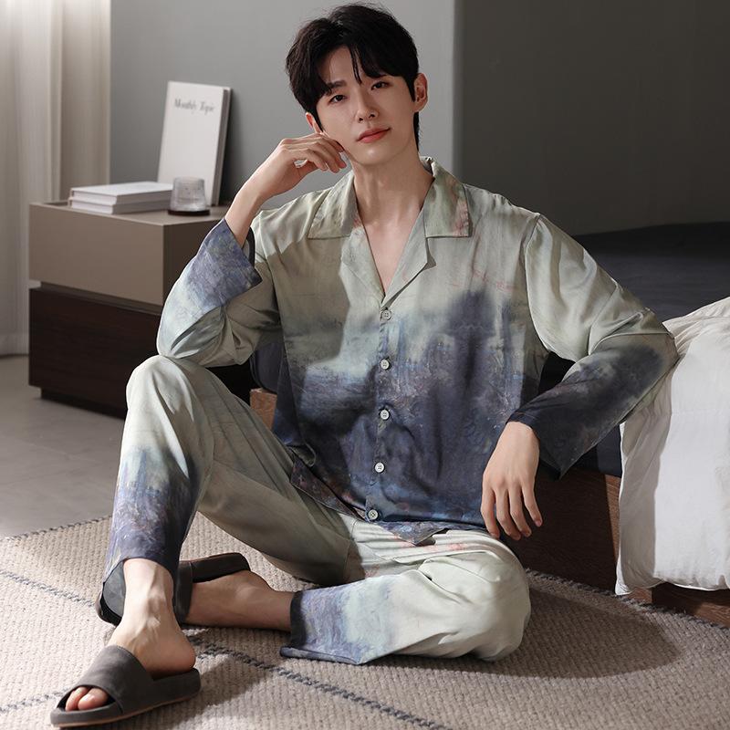 Ice Silk Pajamas Men's Spring and Autumn Long-sleeved High-end Simulation Silk Summer 1011 New Loungewear Men's Suit