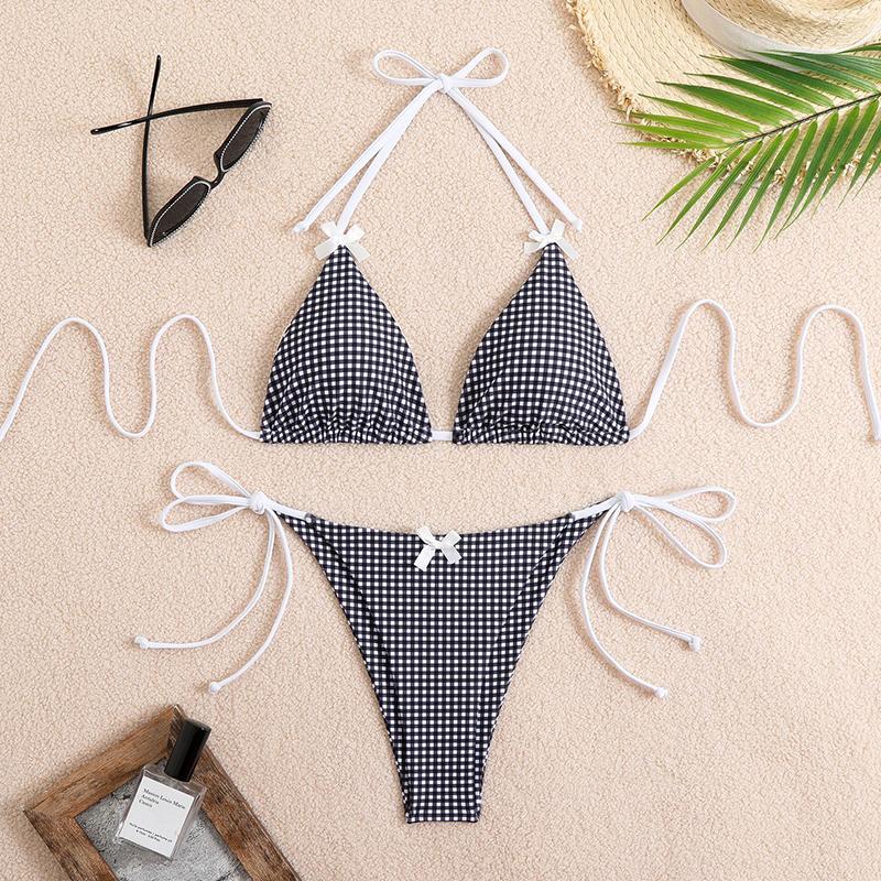 

Sexy Bikini Swimwear Women s Swimsuit Butterfly Decor Checked Halter Neck Thong Bikinis Sets Summer Beachwear Bathing Suits S чорний