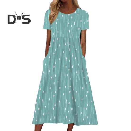 

Женское летнее платье с коротким рукавом, повседневное платье миди с цветочным принтом, круглым вырезом и карманами, струящийся пляжный сарафан А-силуэта S E