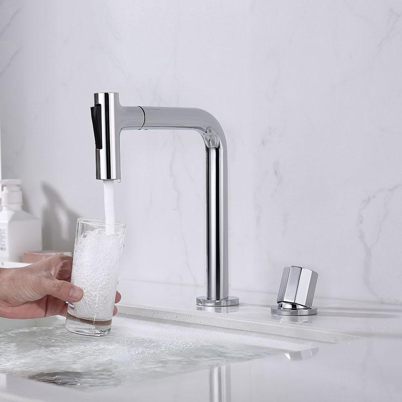 

Gun Gray/Brushed Gold Widespread Bathroom Basin Faucet All Copper Pull-out Sink Faucet 360 Rotating Kitchen Faucet Black