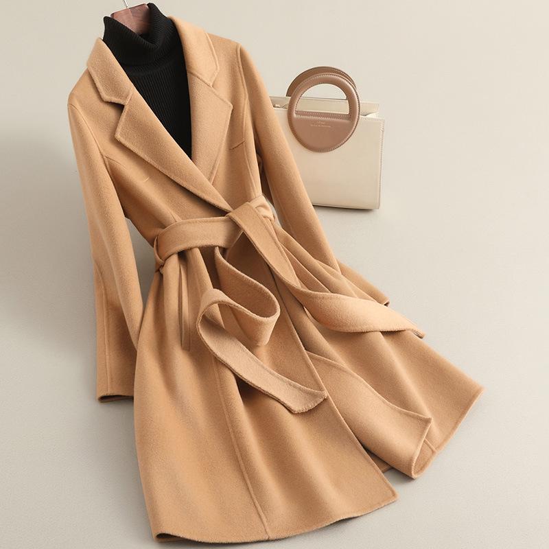 Γυναικείο Ανοιξιάτικο Υψηλής Ποιότητας Μεσάτο Μάλλινο Παλτό - Διπλής Όψης, Χωρίς Κασμίρ, Σχέδιο που Σμιλεύει τη Μέση