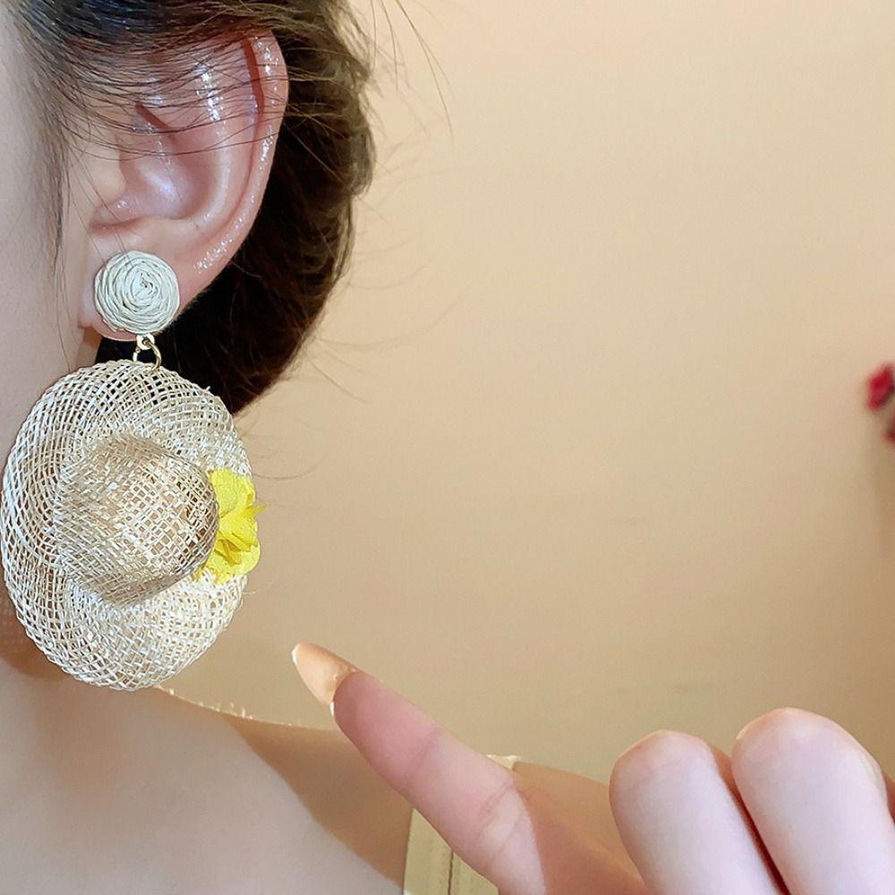 Beach Jewelry Rattan Weave Earrings Flower Straw Hat Earring Sweet Lafite Grass Hat Earrings Women