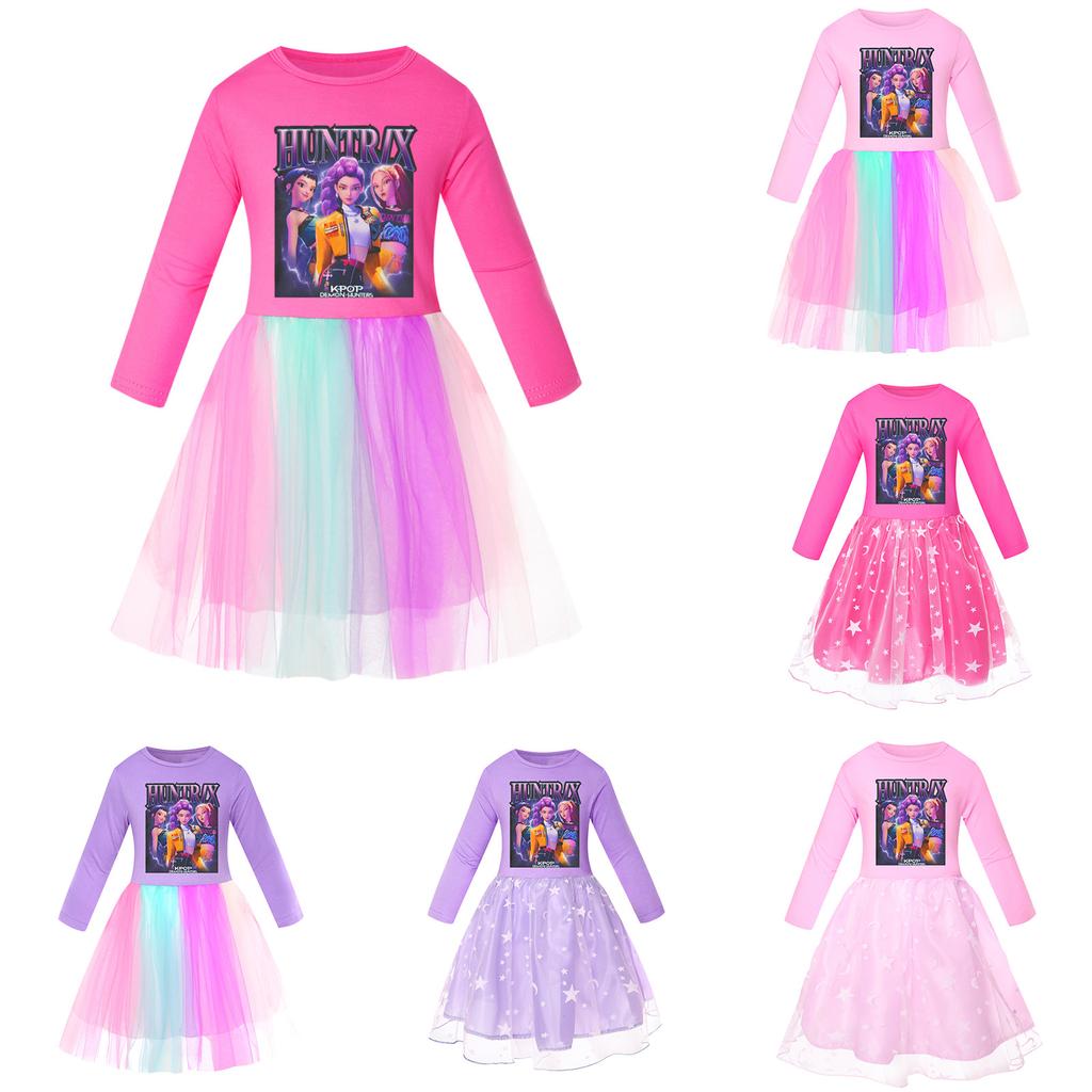 Mädchen Sternenmuster Rock Rundhals Langarm Buntes Spitzen-Patchwork Kleid