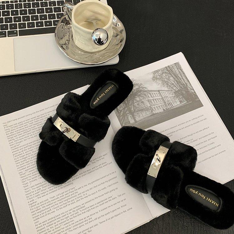 Internet Celebrity Fluffy Slippers Women Wear 2024 Autumn and Winter New Thick Bottom One-word Drag Small Fragrant Style Plush Slippers