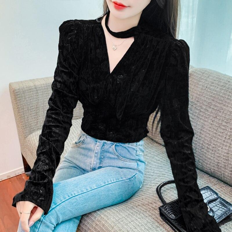 Sexy Samt Frauen Bluse Herbst Vintage Stil Französisch Taille Wrap Schal V-ausschnitt Tops Falten Langarm Slim Fit T Shirt 29072