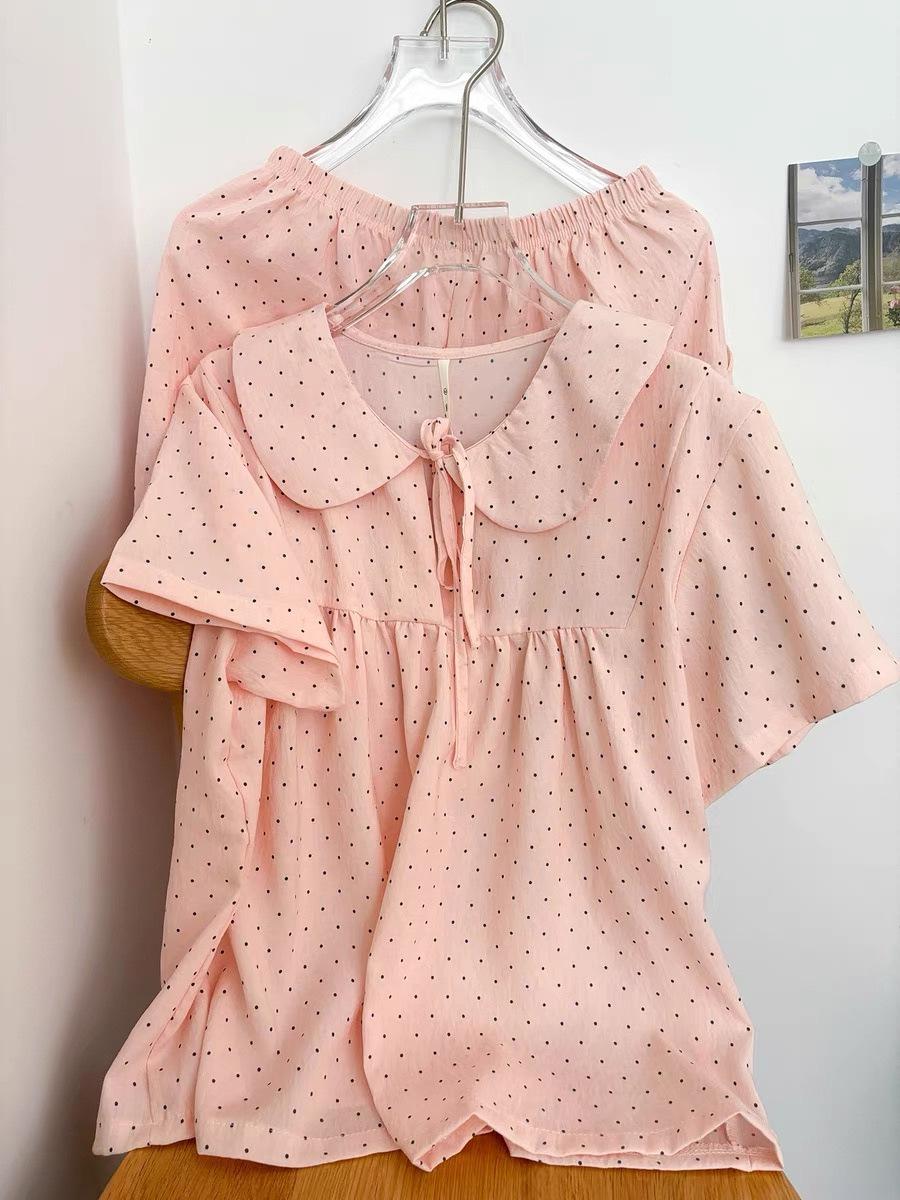 

Sweet doll collar polka dot pink girl pajamas summer short-sleeved shorts set can be worn outside loungewear two-piece set S