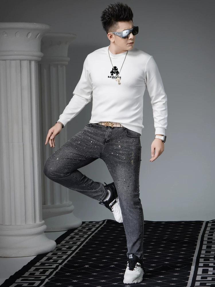 European Style High-End Printed Men's Sweatshirt 2025 Autumn New Trendy Round Neck Long-Sleeve Top Base Shirt for Men