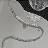 Pink Love Pendant Splicing Pearl Necklace Design Sweet Cool Ins Pendant Collarbone Chain Spice Girl Accessories Women