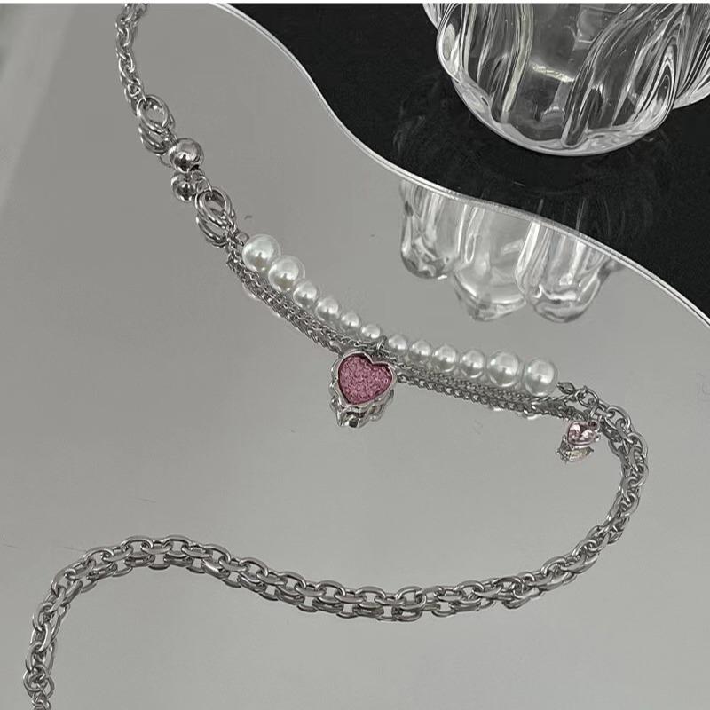 Pink Love Pendant Splicing Pearl Necklace Design Sweet Cool Ins Pendant Collarbone Chain Spice Girl Accessories Women