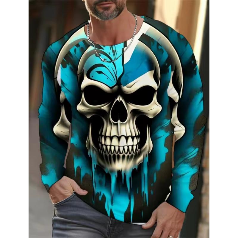 Men's Long-sleeved T-shirt 3D Printed High-definition Skull Stitching Printing Men's Autumn Tops Casual Round Neck Home Clothes