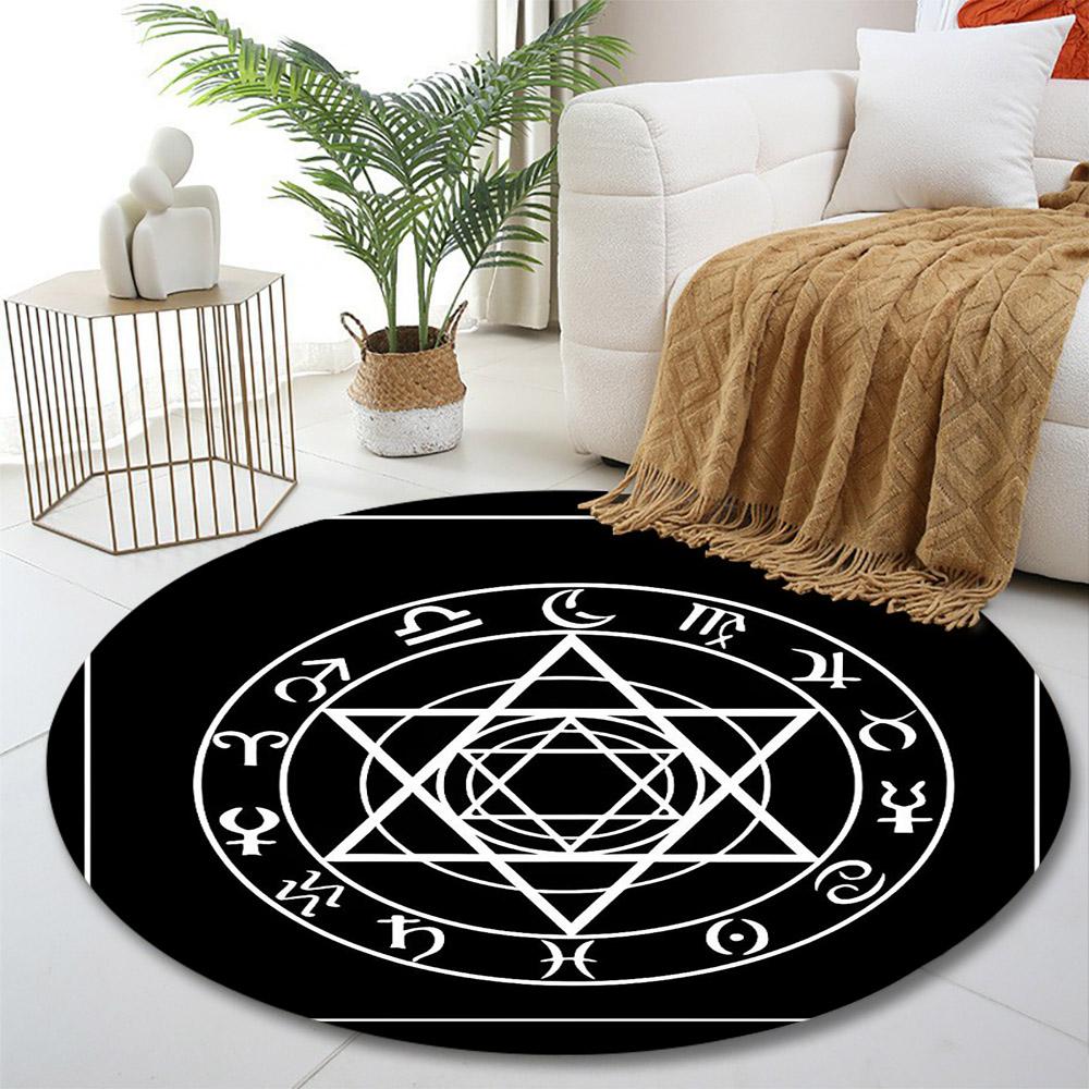 Esoteric Star Symbol with Zodiac Signs Print Round Rug, Living Room, Bedroom, Playroom Carpet, Non Slip Floor Mat, Gift