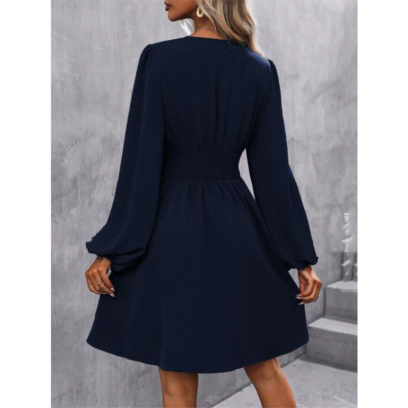 Autumn Winter V Neck Lantern Sleeve Pleated Waist Dress