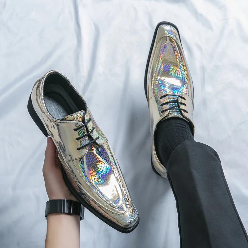 New Men Bright PU Printing Fashion Shoes Low Top Business British Casual Shoes Lace Up Classic Large Sizes 37-46 Men Shoes