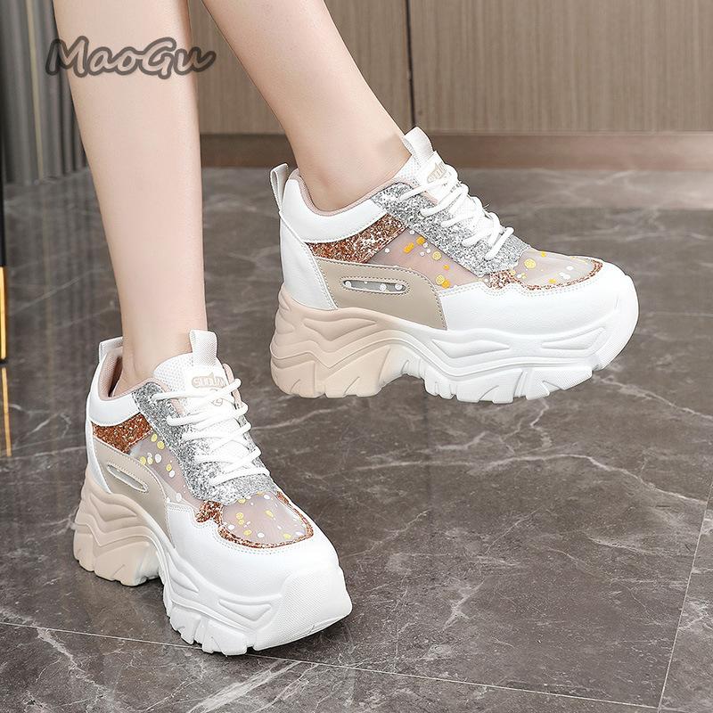 Fashion Shoes for Women Platform Sneakers Summer Women Casual Breathable Mesh Sequin Sneakers Wedges Sports Lace-up Non-slip Shoes
