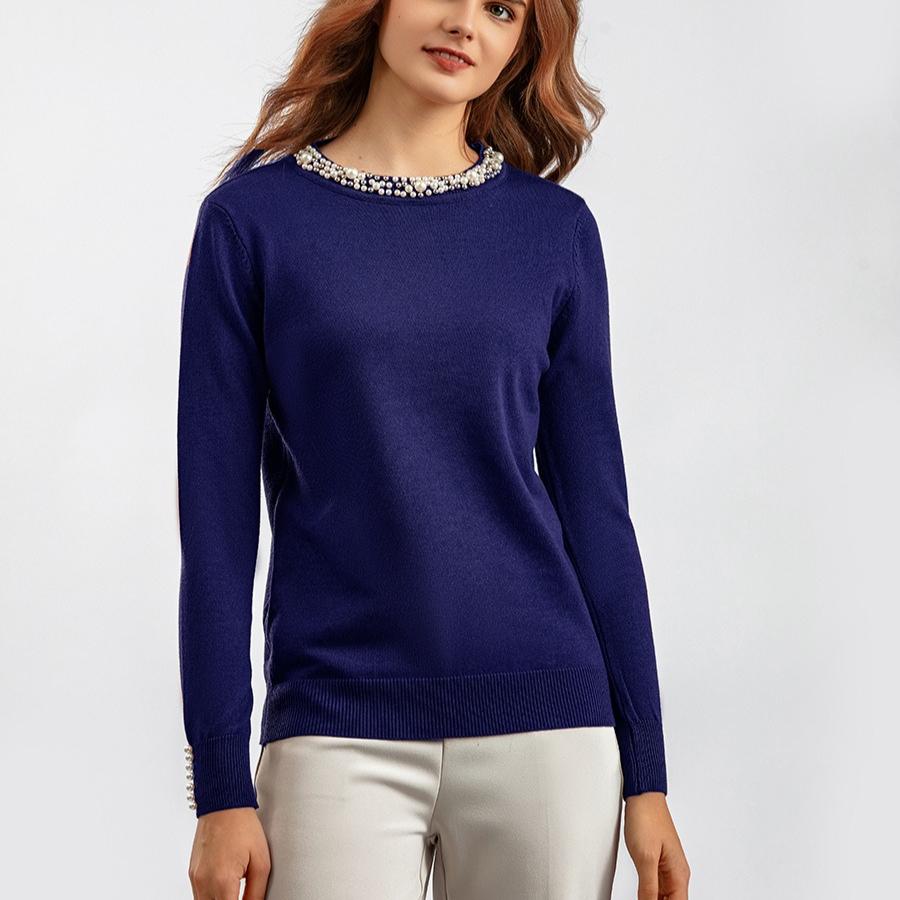 Autumn Winter Women's Crew Neck Beaded Pullover Sweater Long Sleeve Loose Solid Color Stretchy Knit Sweater