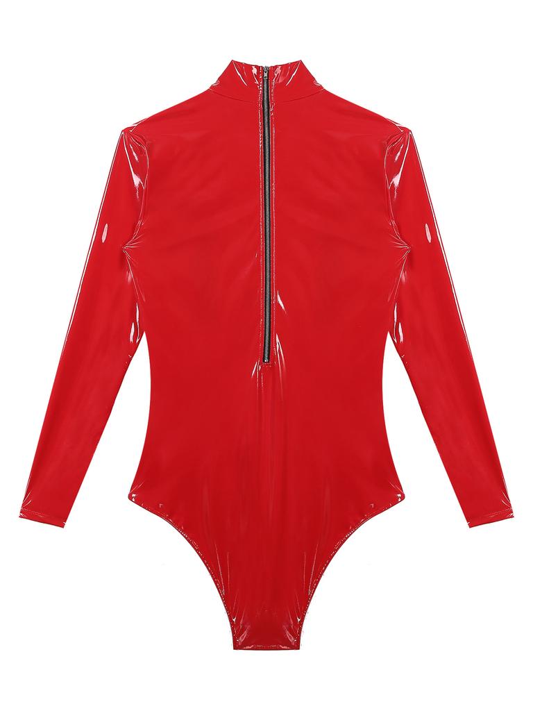 Men Shiny Latex Catsuit Leotard Jumpsuit Slim Fit Long Sleeve Zipper Boxer Bodysuit Leotard Clubwear Pole Dance Rave Costume