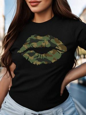 Womens Plus Size Camouflage Lip Print Tshirt Cotton Breathable Fashionable and Versatile Unisex Streetwear Oversized