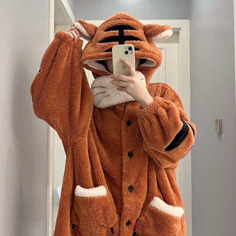 Sonderangebot: Niedliches kleines Tiger-Flanell-Pyjama-Set für Damen - Herbst-/Winterkollektion, Gemütlicher Korallen-Fleece-Hausmantel
