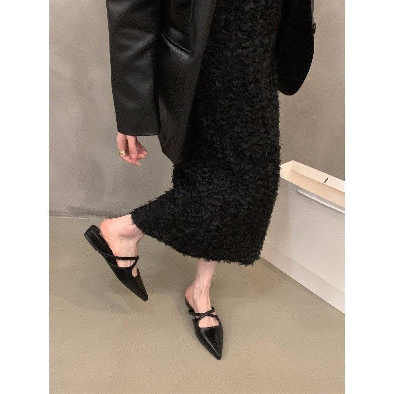 French retro bag head half slippers women's shoes wear 2025 new summer pointed lazy shoes flat sandals