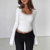 Womens Long Sleeve U-Neck Ribbed Lace Trim Top Sexy Fit Streetwear Fall Winter 2026