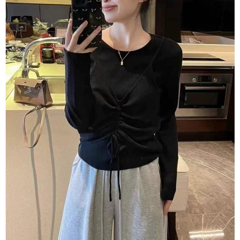 

Женский вязаный свитер с круглым вырезом, имитация двойки, осенний новый дизайн, нежный шнурок, универсальная базовая рубашка One Size чёрный