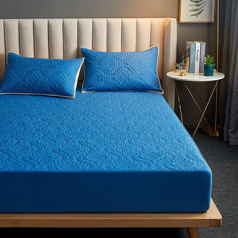 Quilted Waterproof Fitted Sheet With Elastic Queen King Size Mattress Cover Solid Color Bed Sheets (No Pillowcase)