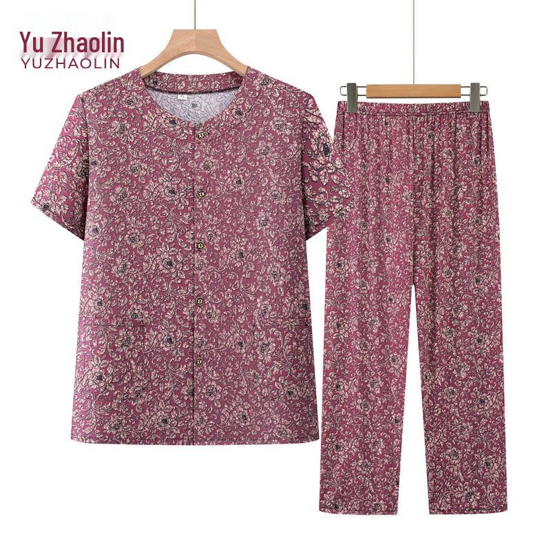 YUZHAOLIN Elderly Women s Floral Summer Two-Piece Set 5XL
