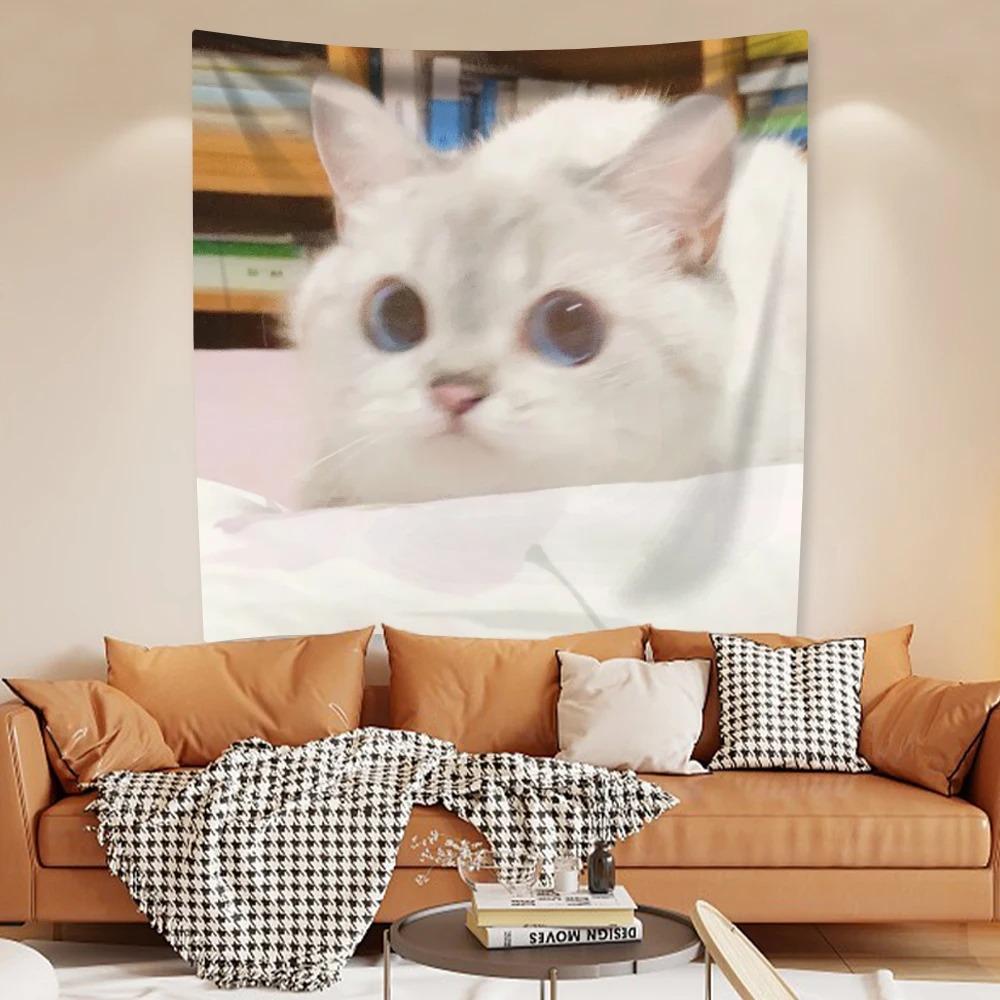 Cute Funny Cat Tapestry Wall Hanging Kawaii Kitten Print Polyester Fabric Backdrop For Bedroom Living Room Dorm Home Decor Multi