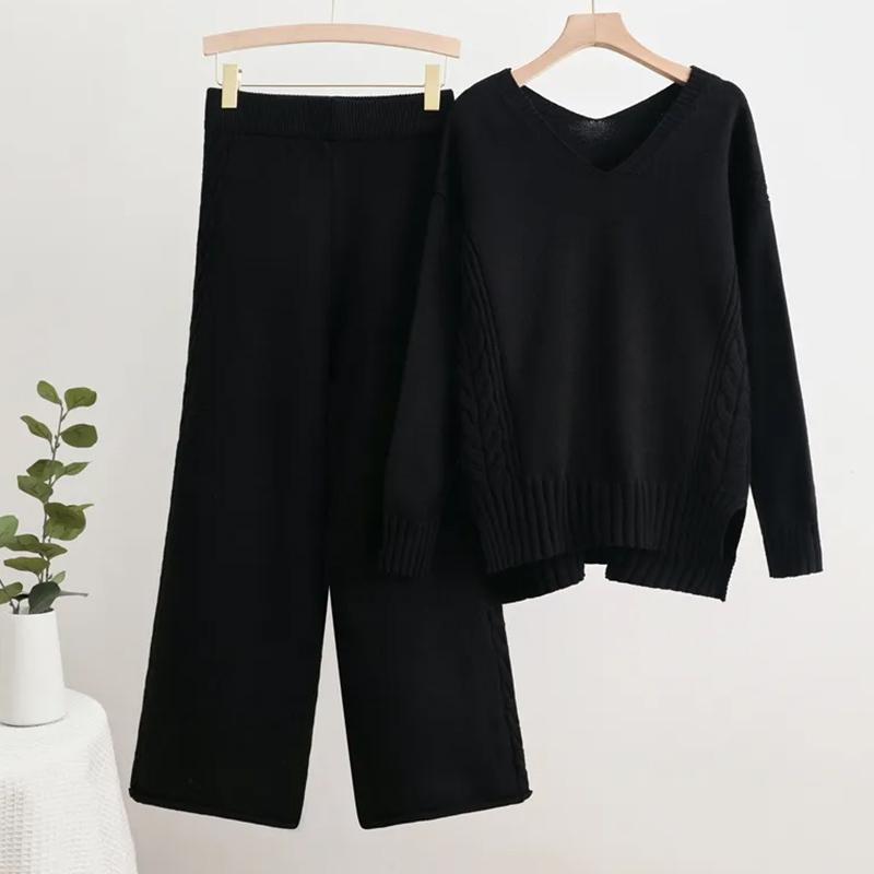 Costume Dama Seturi Bumbac Decolteu V Pulover Tricotat Pantaloni Culoare Solidă Top Pulover Îngroșat Pantaloni Lungi Costum Două Piese Oversize 2 Piese