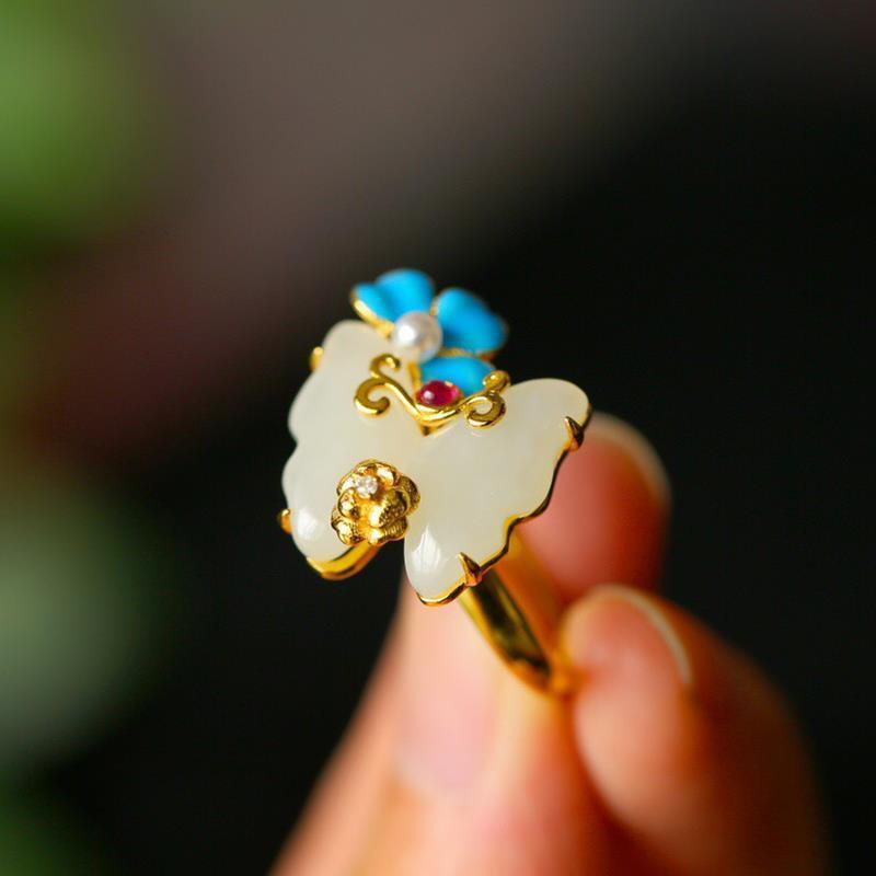 New  Chinese Retro Enamel Ring Inlaid With Hetian Jade Unique Aventurous Craftsmanship, Adjustable Opening For Women