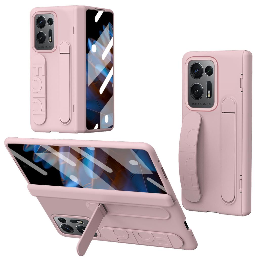 For Oppo Find N2 5G Case Kickstand Wristband PC Phone Cover with Tempered Glass Film