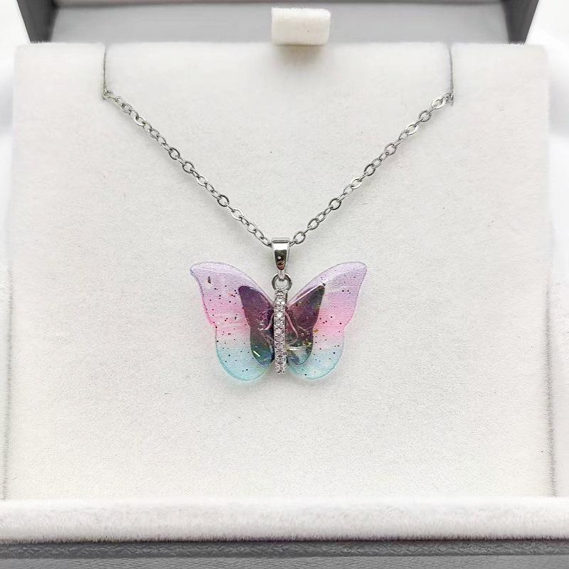 1 Pcs Fashion Fairy Color Butterfly Copper Pendant Necklace Women's Collarbone Chain Girls' Elegant Minimalist Accessories