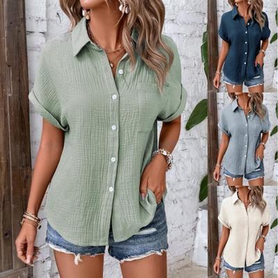 Sommer Neue Kurzarm Casual Lose frauen Shirt Tops Solide Plus Größe Button Up Bluse für Frauen Mode Elegante Drehen unten kragen Dame Shirts 26353