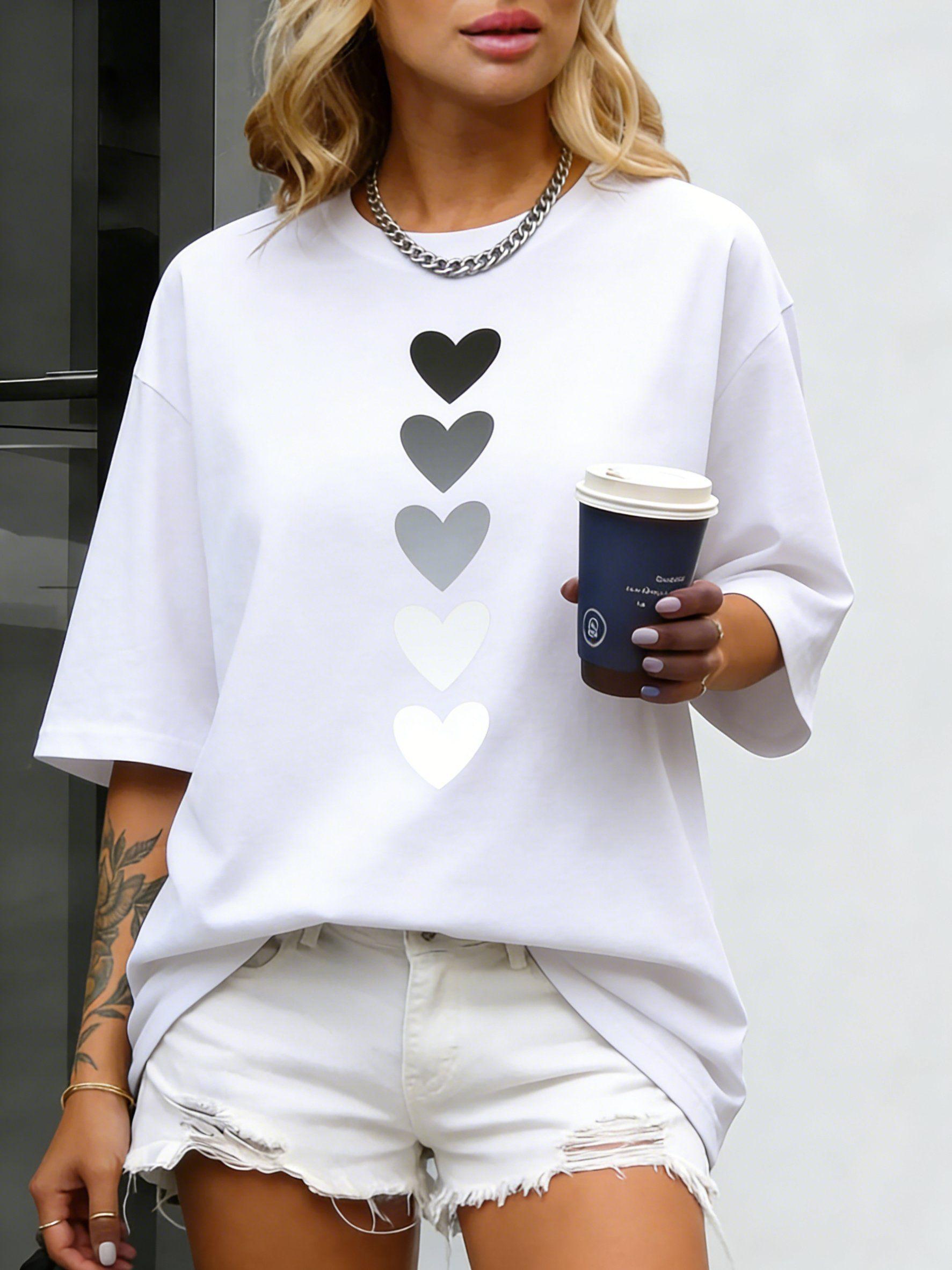Heart Harajuku Graphic Print T-Shirt 90S Women Vintage T Shirt Y2K Summer Oversized Tees Gothic Punk Tops S белый