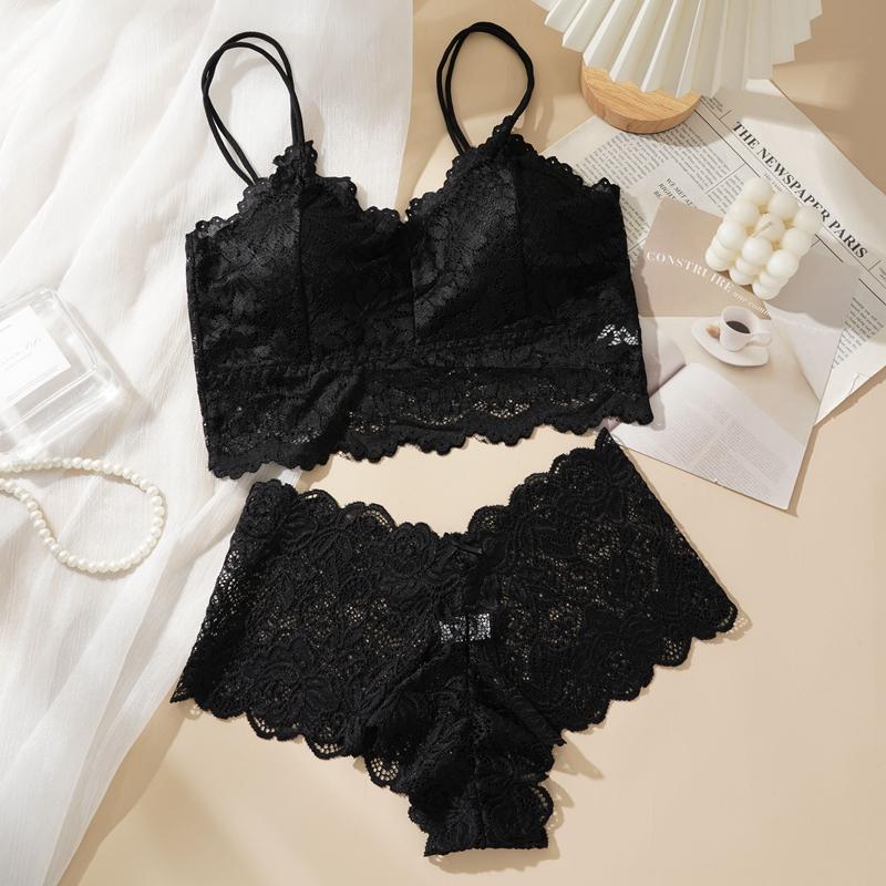 Womens Sexy Lace Bra Suit Solid Set Beautiful Back Lace Wireless Bra Panty Set
