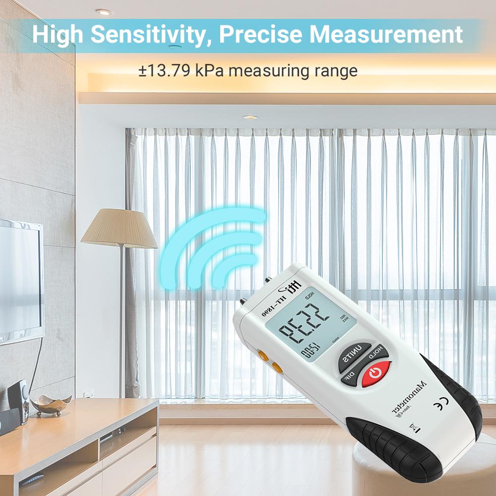 Hti LCD Mini Digital Manometer Differential Gauge Air Pressure Meter +  2Psi Data Hold 11 Units