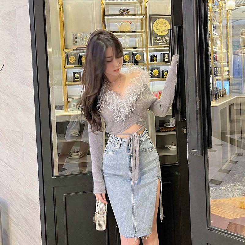 

Девичья джинсовая юбка-карандаш с разрезом сбоку, эластичная, с высокой талией, длиной ниже колена Light blue(In stock) XS